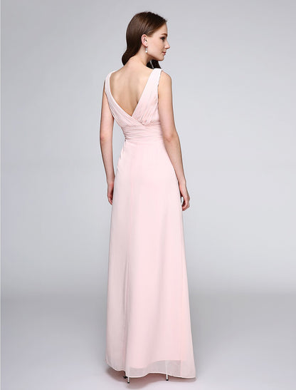 Sheath / Column Bridesmaid Dress V Neck Sleeveless Elegant Floor Length Chiffon with Criss Cross / Ruched by YiHuiw