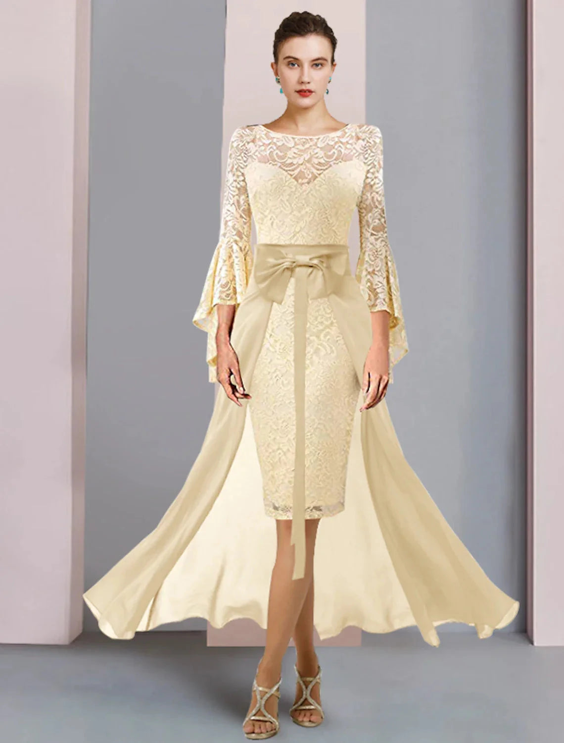 Two Piece Sheath / Column Mother of the Bride Dress Formal Wedding Guest Elegant Scoop Neck Knee Length Chiffon Lace 3/4 Length Sleeve with Bow(s) by YiHuiw