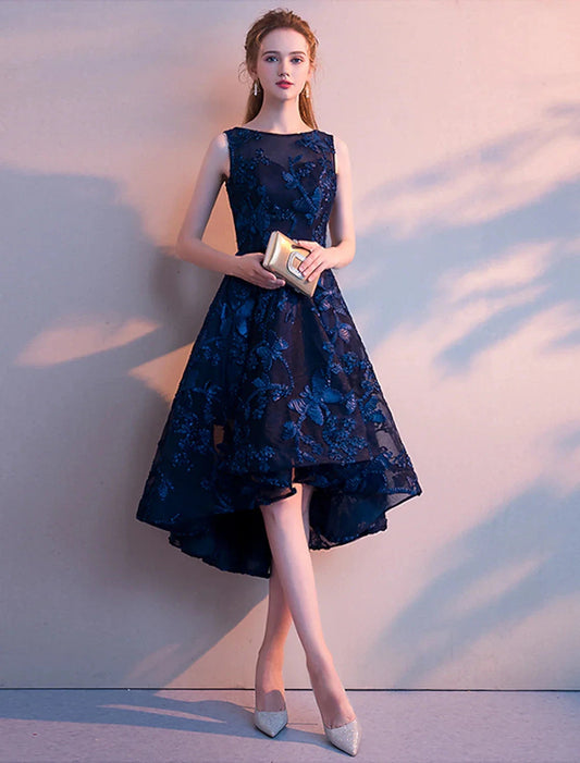 A-Line Cocktail Dresses Minimalist Dress Homecoming Party Wear Asymmetrical Sleeveless Jewel Neck Tulle with Pleats Pattern / Print by YiHuiw