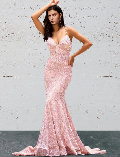 Mermaid / Trumpet Prom Dresses Open Back Dress Prom Sweep / Brush Train Sleeveless Sweetheart Sequined Backless with Sequin by YiHuiw