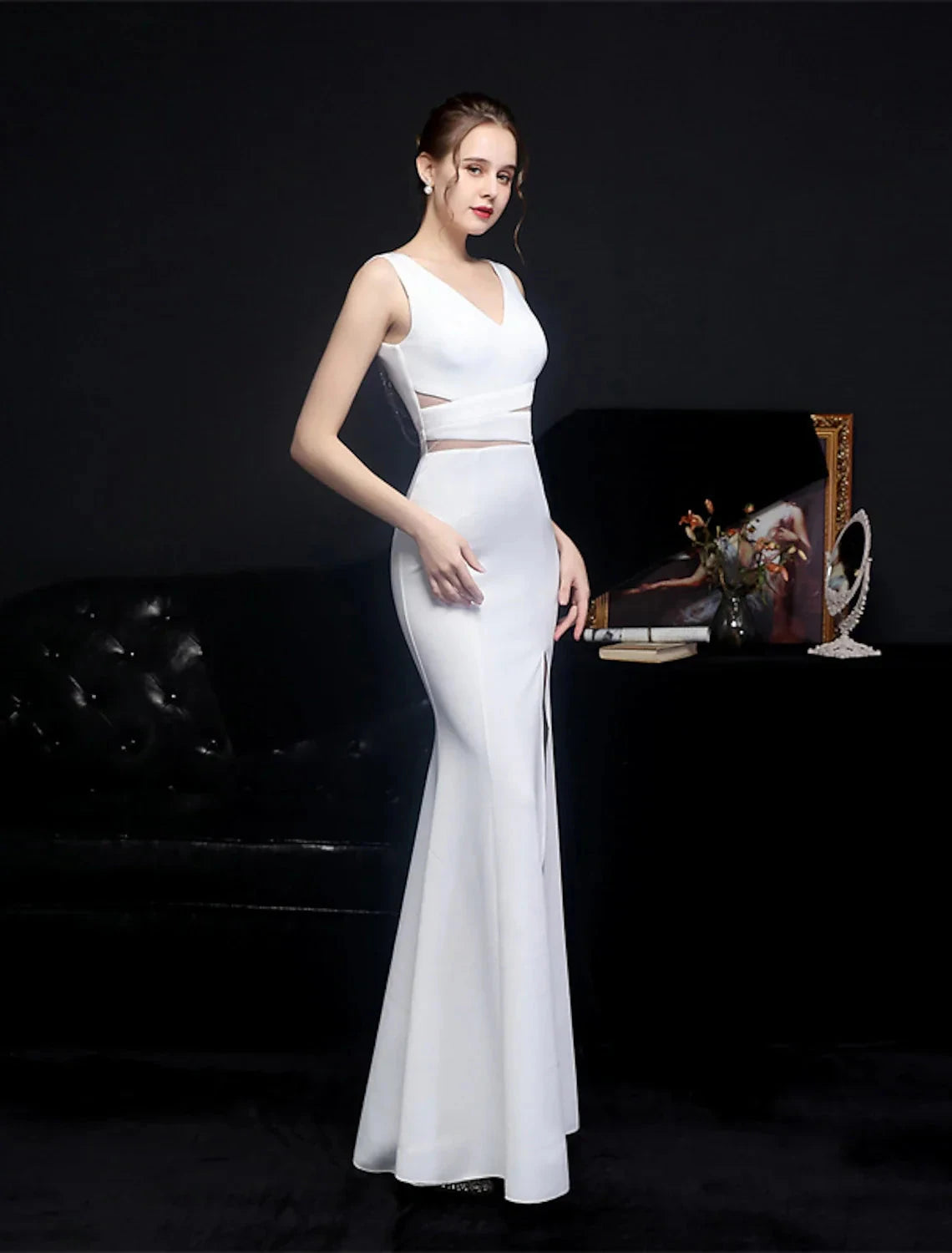 Mermaid / Trumpet Prom Dresses Elegant Dress Formal Wedding Guest Floor Length Sleeveless V Neck Polyester with Slit by YiHuiw