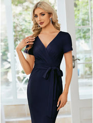 Sheath / Column Wedding Guest Dresses Minimalist Dress Party Wear Tea Length Short Sleeve V Neck  Fabric with Slit Strappy