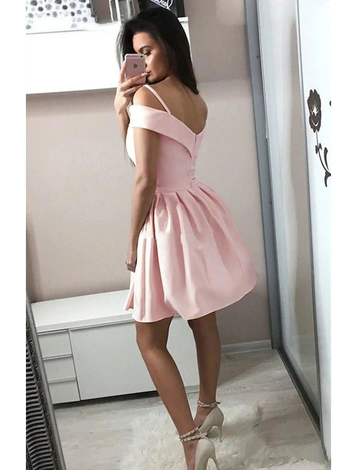 A-Line Cocktail Dresses Minimalist Dress Homecoming Party Wear Knee Length Sleeveless V Neck Pink Dress Fabric with Pleats by YiHuiw
