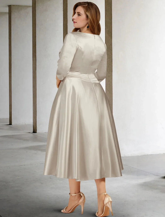 A-Line Mother of the Bride Dresses Plus Size Hide Belly Curve Vintage Dress Formal Tea Length Sleeveless V Neck Satin with Ruched by YiHuiw