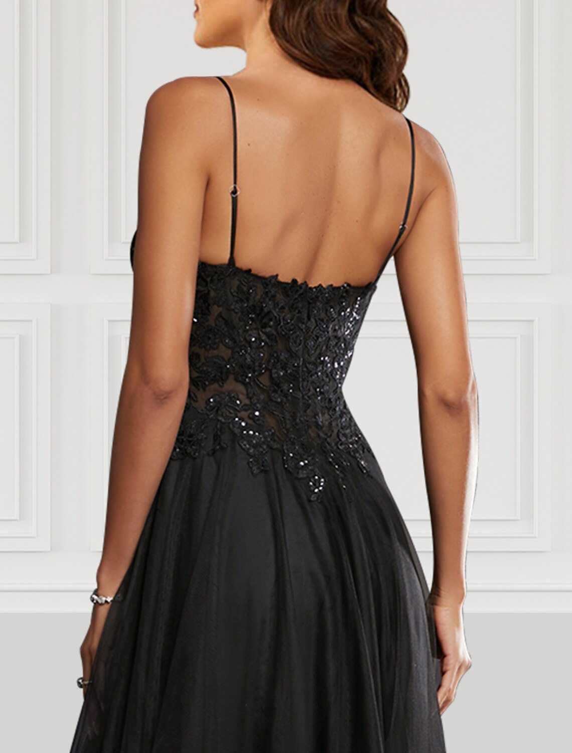 A-Line Prom Dresses Black Dress Party Wear Floor Length Sleeveless Spaghetti Strap Tulle with Glitter Slit by YiHuiw