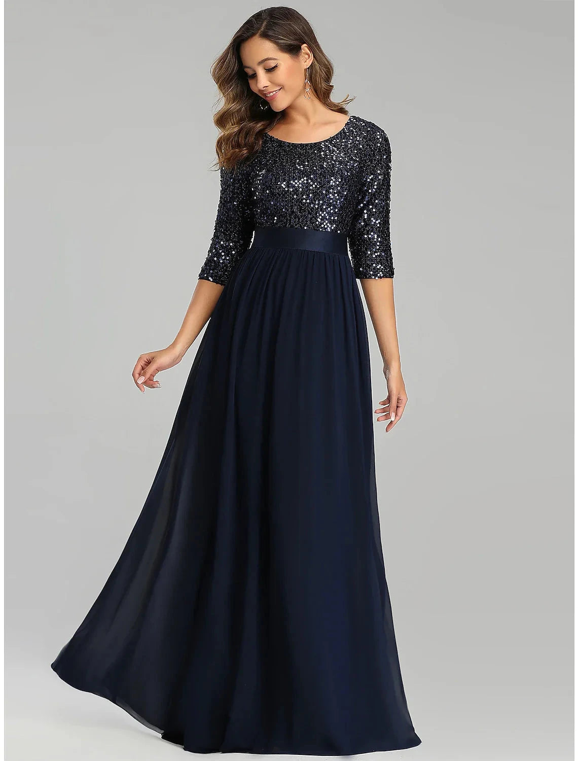 A-Line Elegant Wedding Guest Formal Evening Dress Jewel Neck 3/4 Length Sleeve Floor Length Tulle with Sequin by YiHuiw