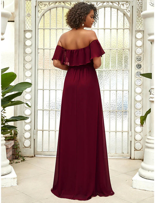 A-Line Bridesmaid Dress Off Shoulder Sleeveless Elegant Floor Length Chiffon with Ruffles / Draping / Solid Color by YiHuiw