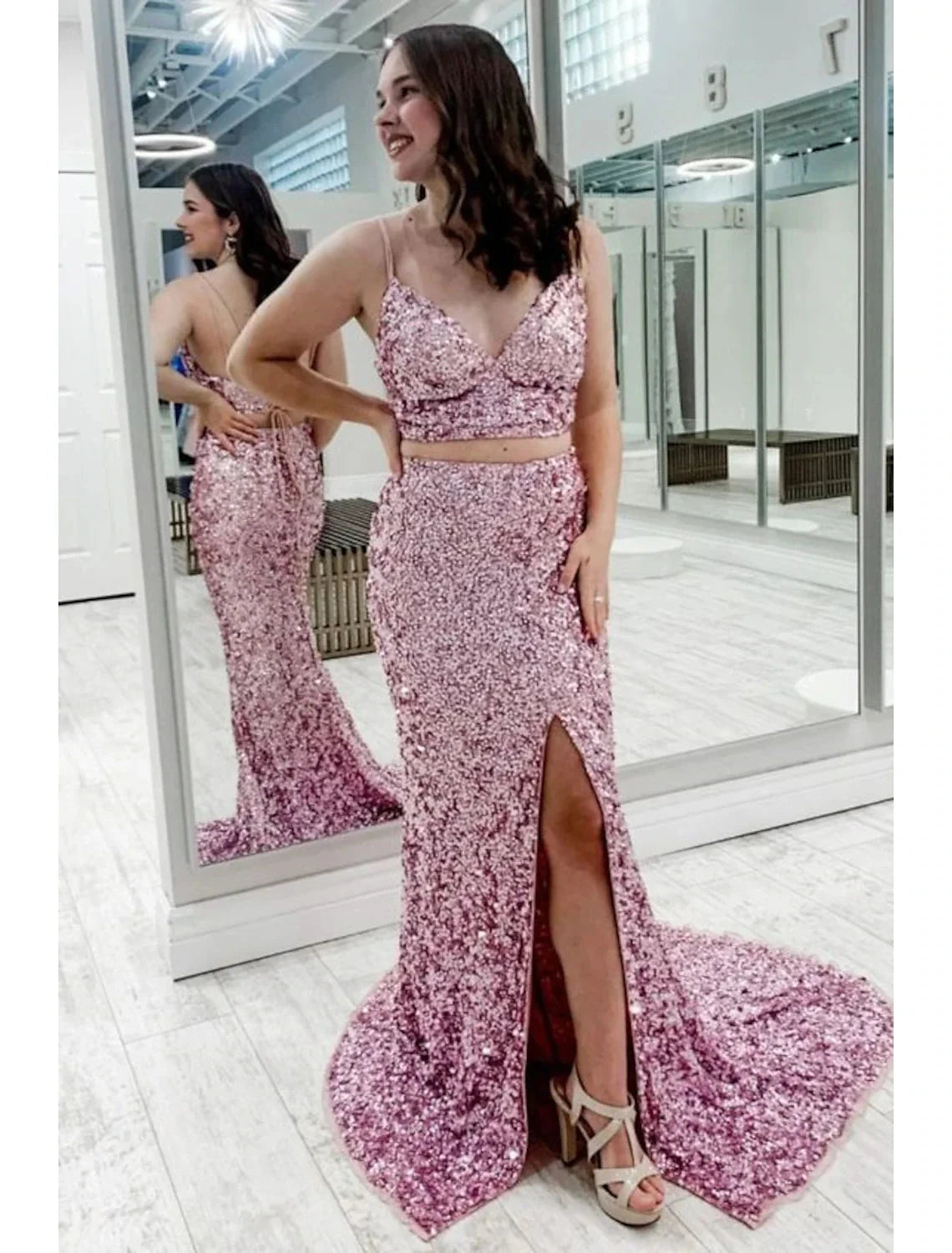 Two Piece Ball Gown Mermaid / Trumpet Prom Dresses Sparkle & Shine Dress Party Wear Sweep / Brush Train Sleeveless Spaghetti Strap Sequined Backless with Sequin Slit by YiHuiw