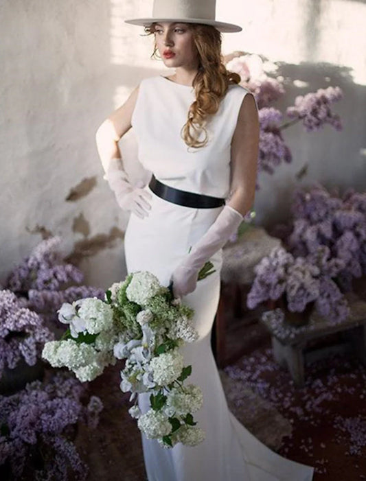 Reception Open Back Casual Wedding Dresses Sheath / Column Scoop Neck Sleeveless Sweep / Brush Train Satin Bridal Gowns With Solid Color Summer Fall Wedding Party  Women's Clothing