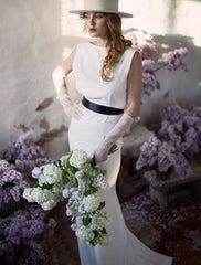 Reception Open Back Casual Wedding Dresses Sheath / Column Scoop Neck Sleeveless Sweep / Brush Train Satin Bridal Gowns With Solid Color Summer Fall Wedding Party  Women's Clothing