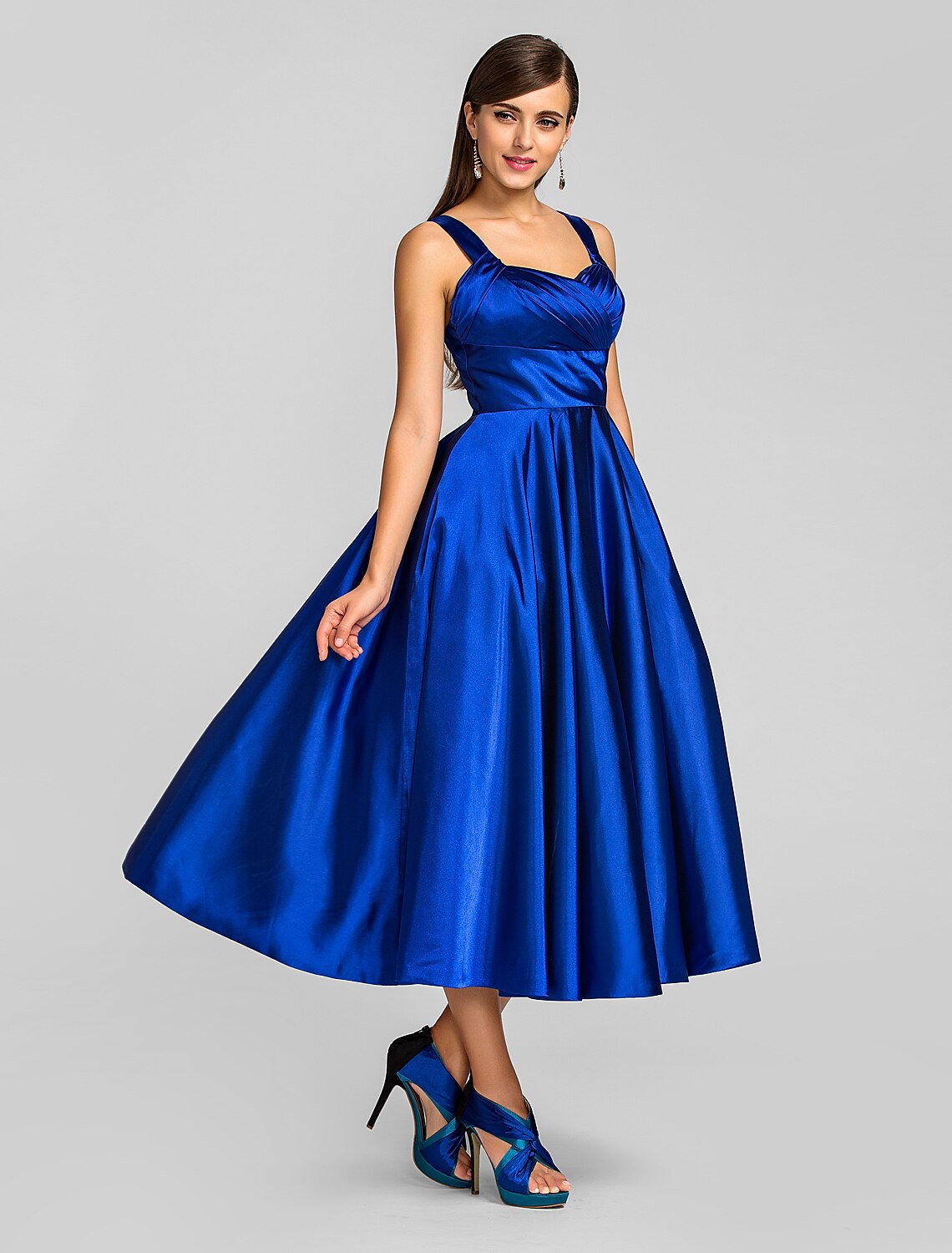 A-Line Minimalist Dress Wedding Guest Cocktail Party Tea Length Sleeveless Square Neck Satin with Criss Cross by YiHuiw