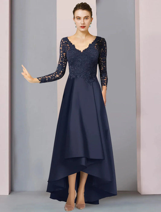 A-Line Mother of the Bride Dress Formal Wedding Guest Elegant High Low V Neck Asymmetrical Tea Length Satin Lace Long Sleeve with Pleats Appliques by YiHuiw