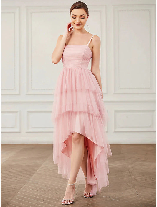 A-Line Party Dresses Vintage Dress Prom Birthday Knee Length Sleeveless Spaghetti Strap Tulle with Ruched by YiHuiw