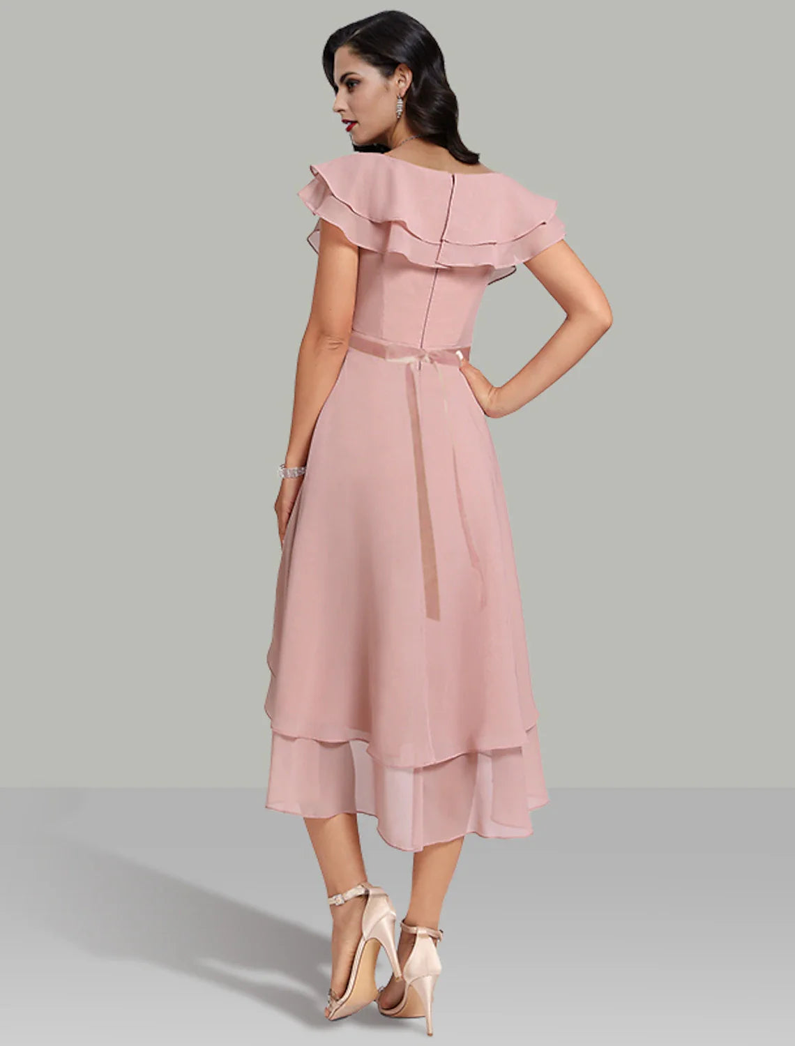 A-Line Wedding Guest Dresses Tiered Plisse Dress Cocktail Party Semi Formal Tea Length Short Sleeve V Neck Belt / Sash Chiffon with Beading