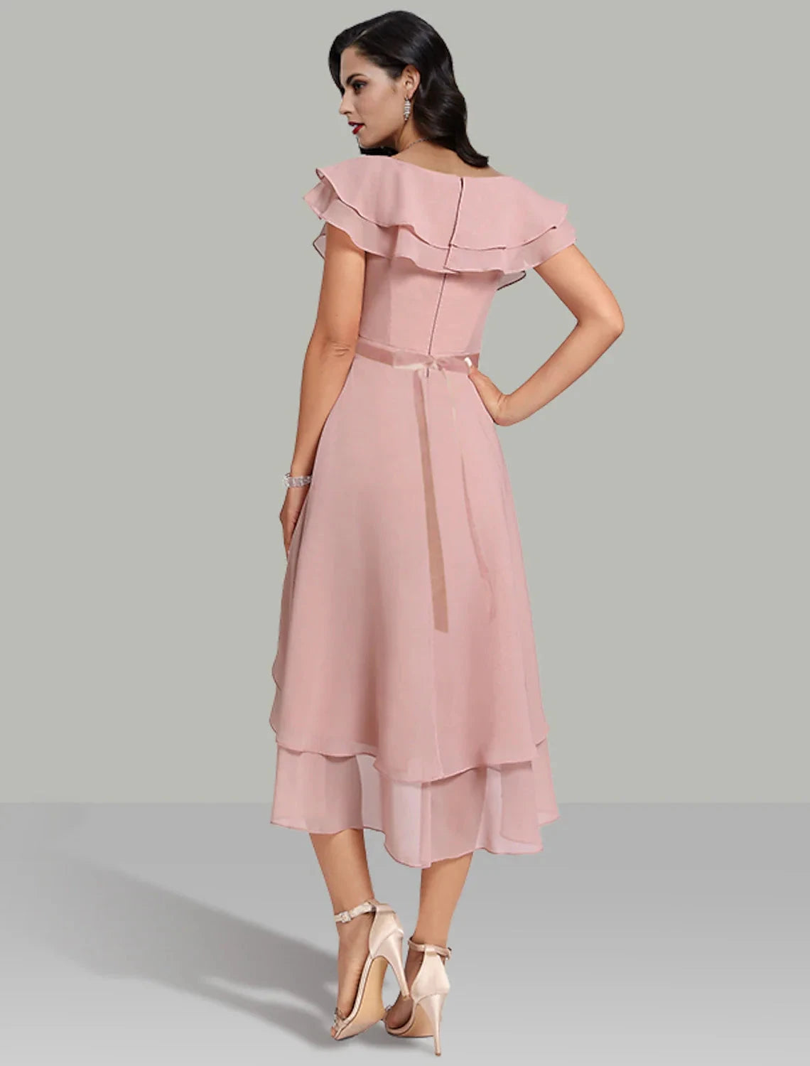 A-Line Wedding Guest Dresses Tiered Plisse Dress Cocktail Party Semi Formal Tea Length Short Sleeve V Neck Belt / Sash Chiffon with Beading by YiHuiw