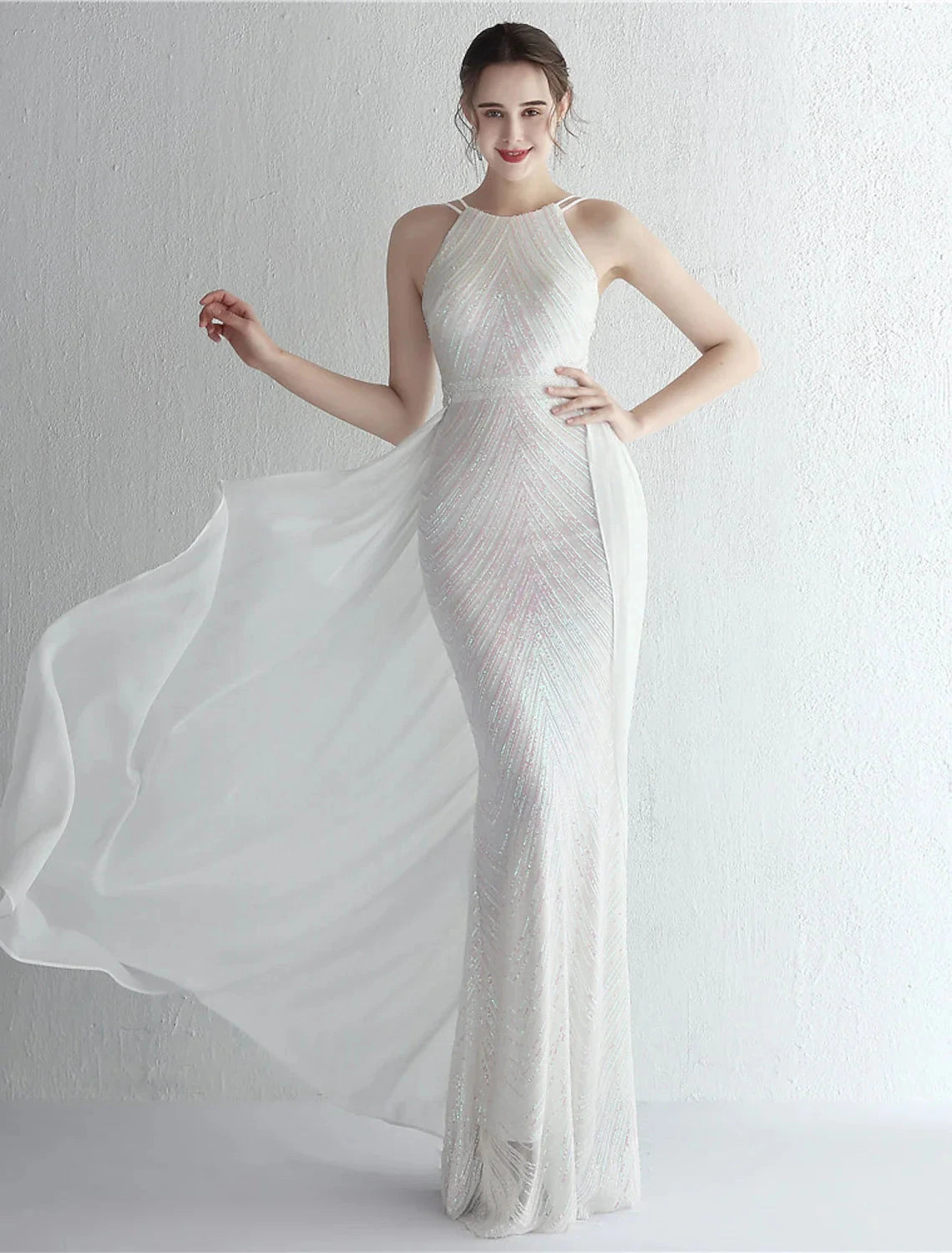 Mermaid / Trumpet Prom Dresses Sparkle & Shine Dress Formal Wedding Guest Floor Length Sleeveless Halter Neck Chiffon with Beading Sequin by YiHuiw