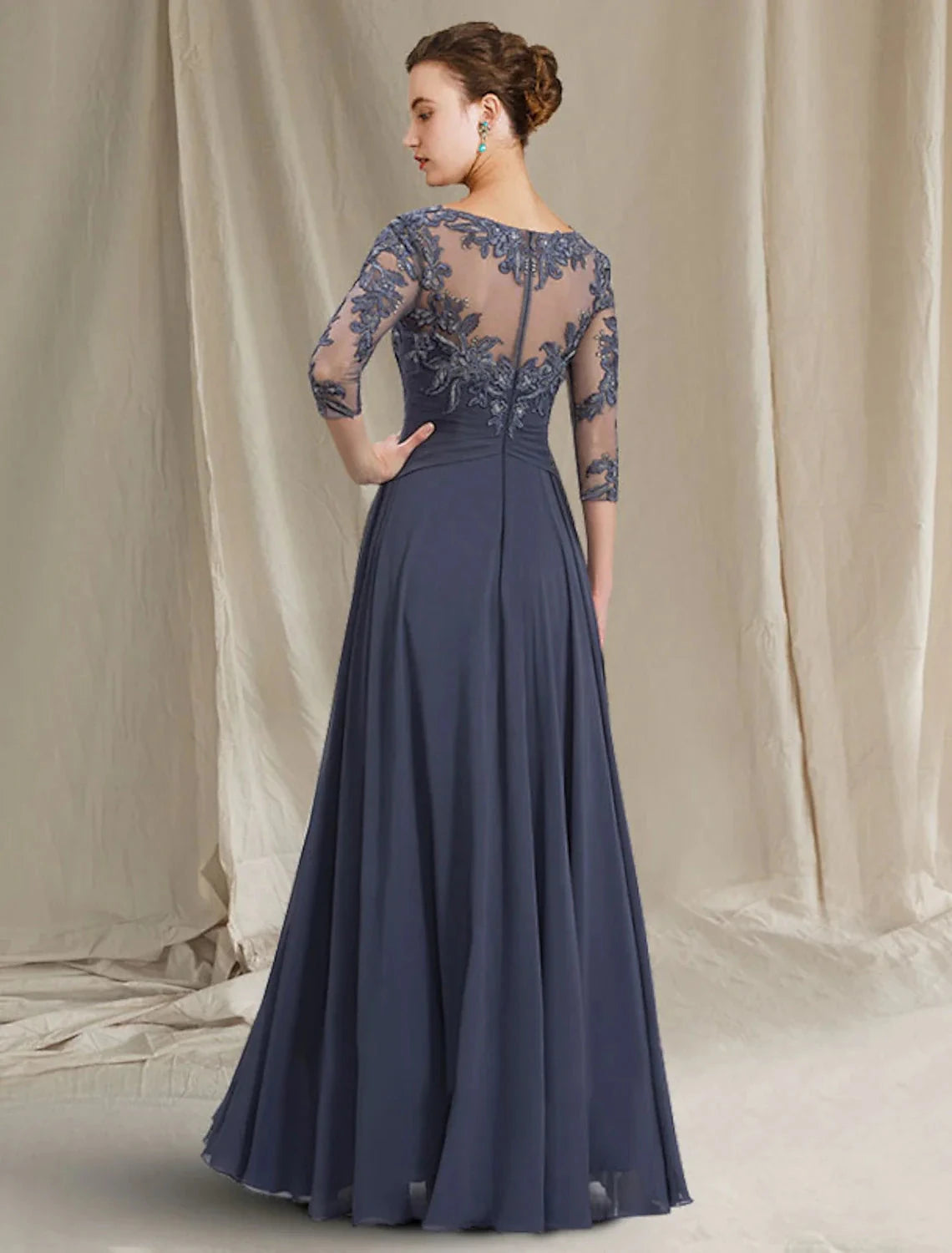 A-Line Mother of the Bride Dress Elegant Jewel Neck Floor Length Chiffon Lace 3/4 Length Sleeve with Pleats Appliques by YiHuiw