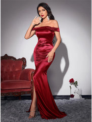 Mermaid / Trumpet Party Dresses Vintage Dress Wedding Party Summer Sweep / Brush Train Sleeveless Off Shoulder  Satin with Ruched Slit