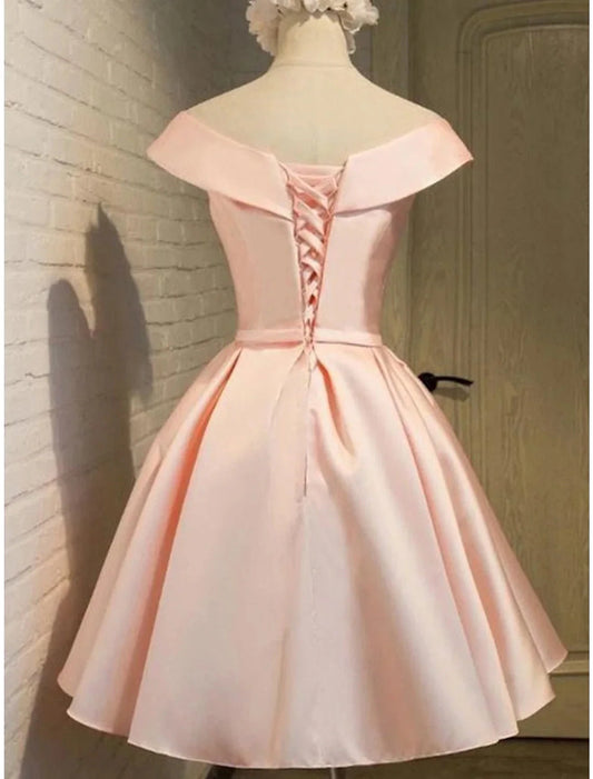 A-Line Homecoming Dresses Elegant Dress Holiday Graduation Short / Mini Sleeveless Off Shoulder Pink Dress Satin with Strappy by YiHuiw