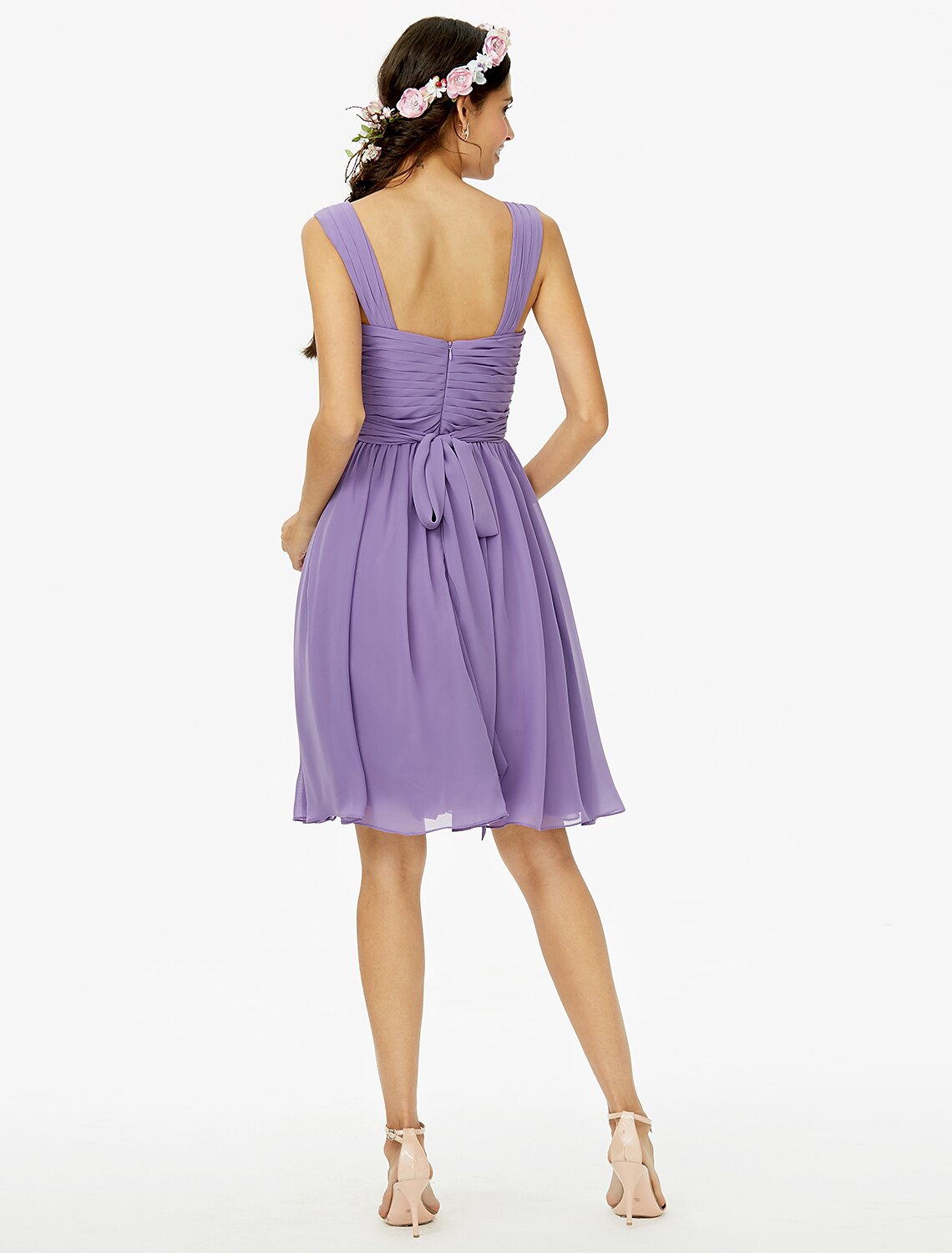 A-Line Bridesmaid Dress Straps Sleeveless Open Back Knee Length Chiffon with Sash / Ribbon / Bow(s) / Criss Cross by YiHuiw