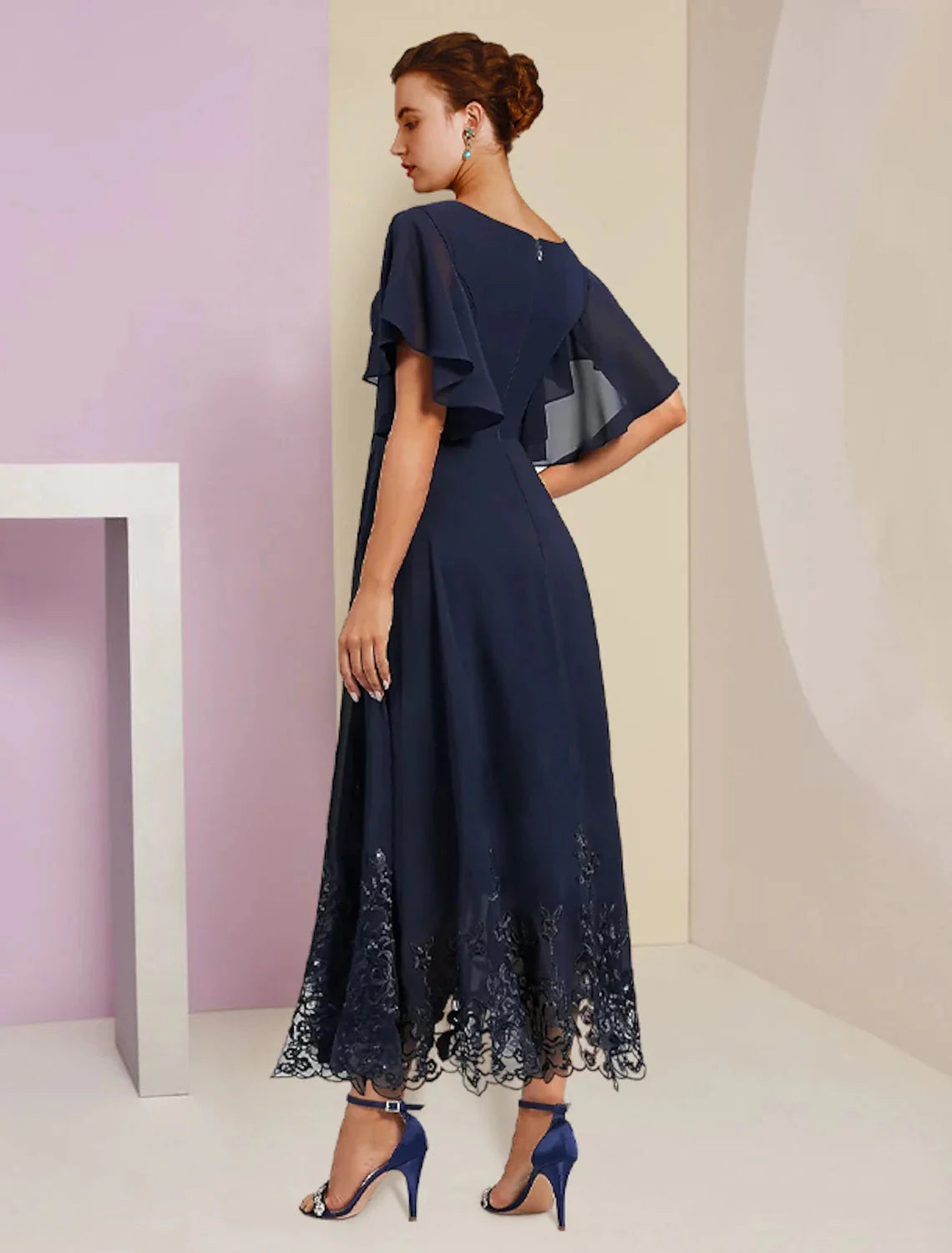 A-Line Mother of the Bride Dress Formal Fall Wedding Guest Elegant V Neck Tea Length Chiffon Lace Short Sleeve with Appliques Crystal Brooch by YiHuiw