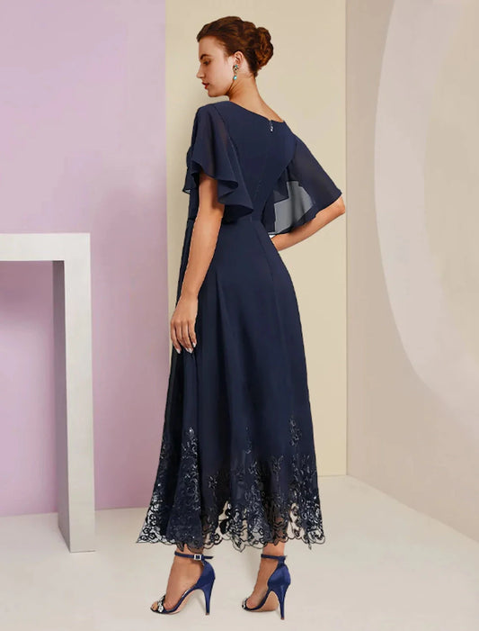 A-Line Mother of the Bride Dress Formal Fall Wedding Guest Elegant V Neck Tea Length Chiffon Lace Short Sleeve with Appliques Crystal Brooch by YiHuiw
