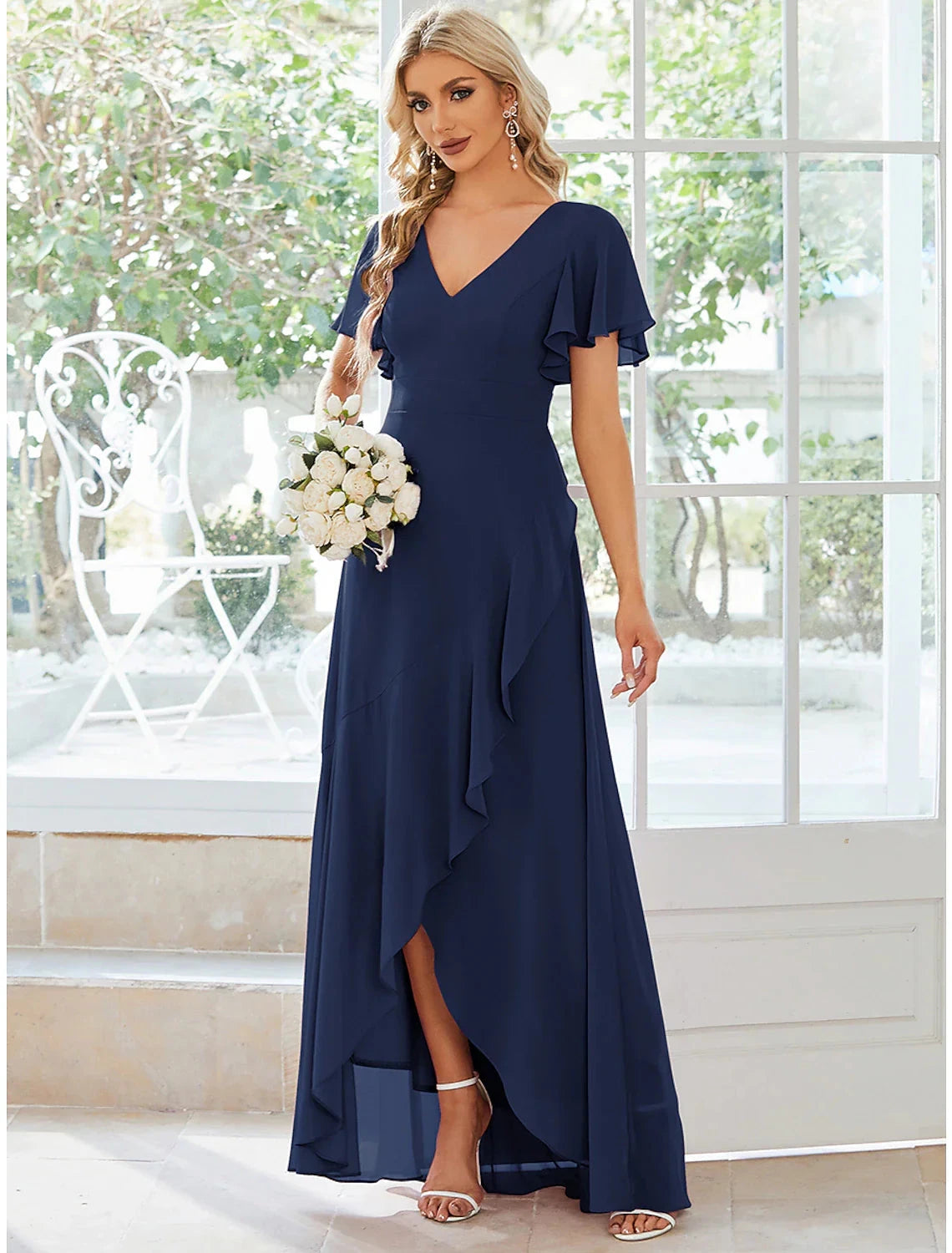 A-Line Wedding Guest Dresses Casual Dress Party Dress Wedding Party Asymmetrical Short Sleeve V Neck Bridesmaid Dress Chiffon with Ruffles Pure Color by YiHuiw