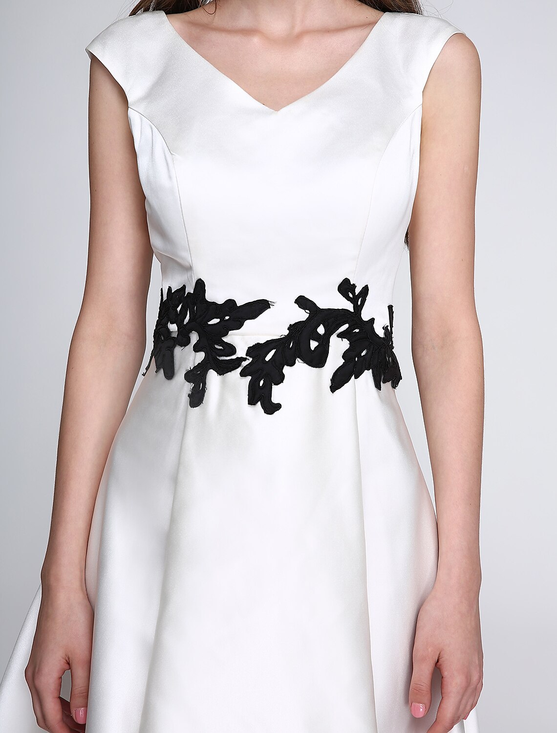 A-Line Fit & Flare Dress Cocktail Party Prom Knee Length Sleeveless V Neck Satin with Appliques by YiHuiw