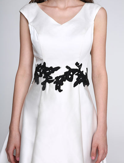 A-Line Fit & Flare Dress Cocktail Party Prom Knee Length Sleeveless V Neck Satin with Appliques by YiHuiw