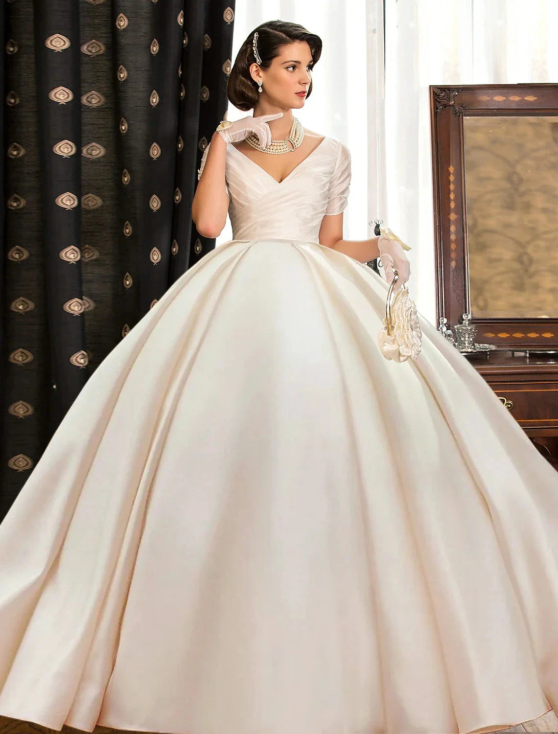 Engagement Formal Fall Wedding Dresses Ball Gown V Neck Short Sleeve Court Train Satin Bridal Gowns With Ruched Solid Color Summer Wedding Party, Women‘s Clothing by YiHuiw