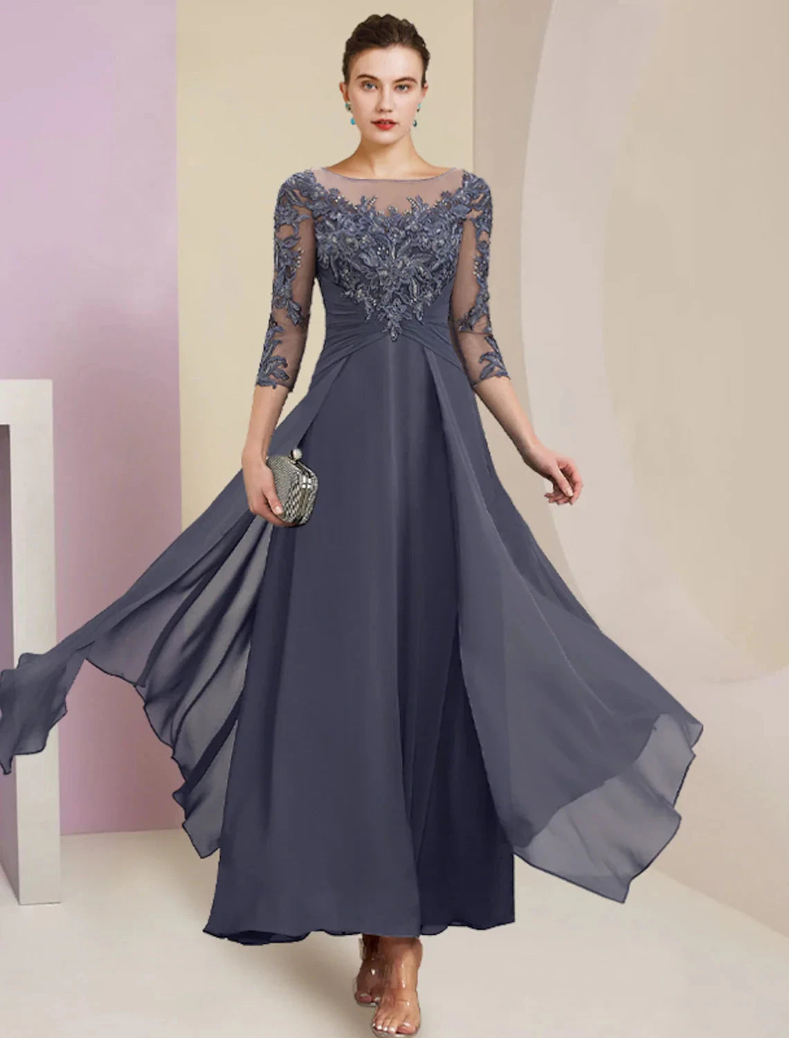 Sheath / Column Mother of the Bride Dress Wedding Guest Simple Elegant Jewel Neck Ankle Length Chiffon Lace 3/4 Length Sleeve with Pleats Sequin by YiHuiw