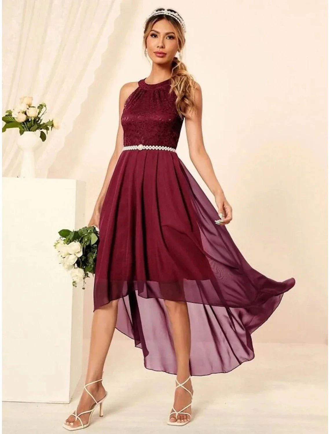 A-Line Minimalist Elegant Party Wear Cocktail Party Dress Halter Neck Sleeveless Asymmetrical Nylon with Pleats by YiHuiw