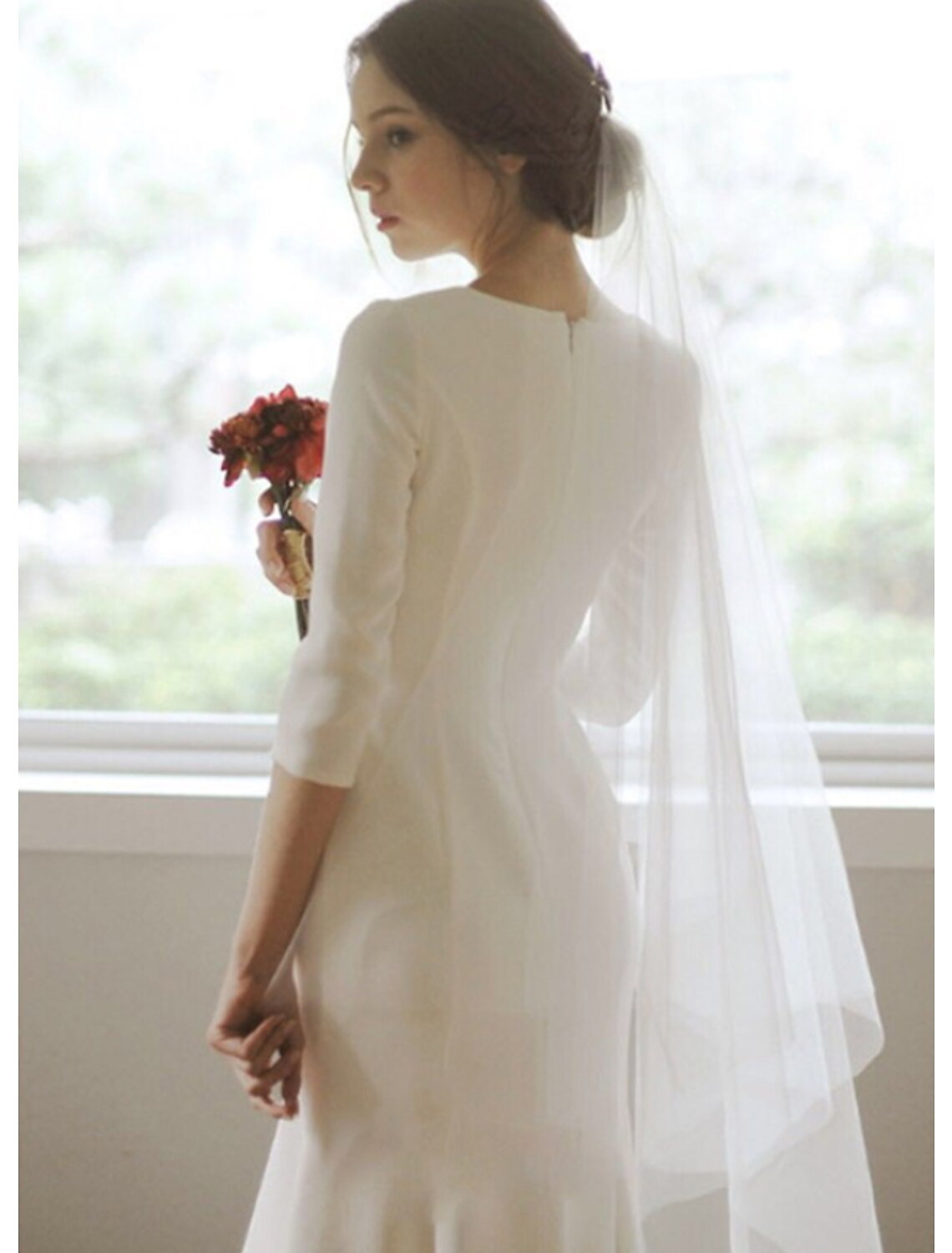 Reception Little White Dresses Fall Wedding Dresses Mermaid / Trumpet V Neck 3/4 Length Sleeve Asymmetrical Satin Bridal Gowns With Summer Wedding Party Women‘s Clothing by YiHuiw