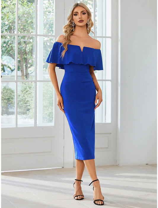 Sheath / Column Wedding Guest Dresses Minimalist Dress Party Wear Tea Length Short Sleeve Off Shoulder  Fabric with Slit Pure Color