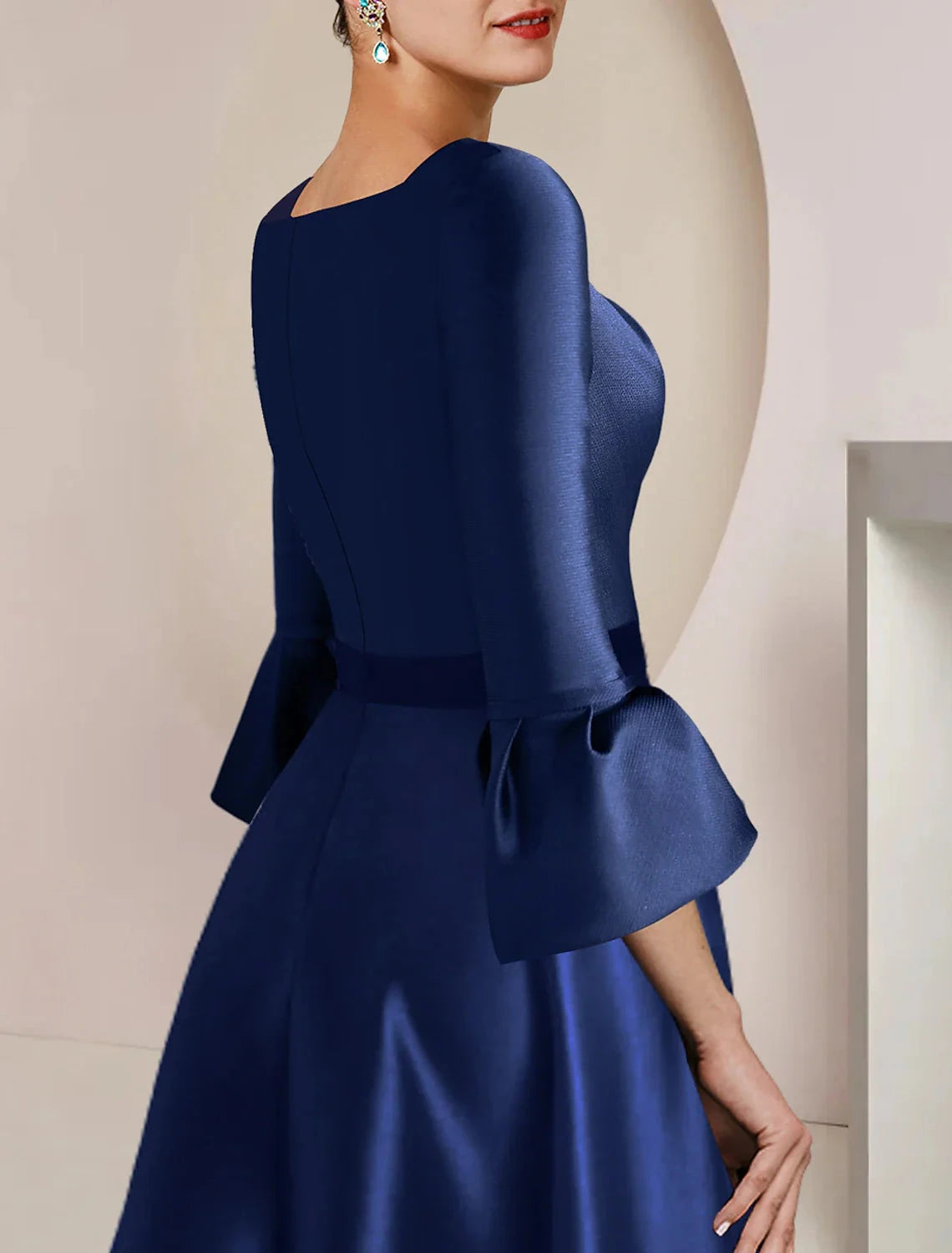 A-Line Mother of the Bride Dress Formal Wedding Guest Party Elegant Bateau Neck Tea Length Satin 3/4 Length Sleeve with Bow(s) Split Front by YiHuiw