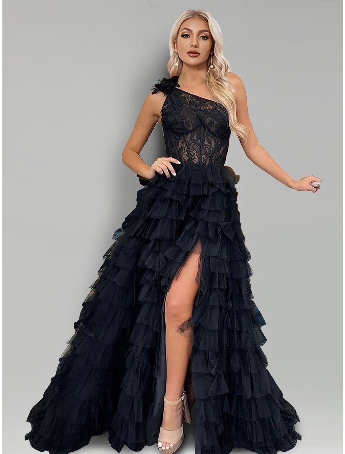 A-Line Evening Gown Floral Dress Wedding Party Sweep / Brush Train Sleeveless One Shoulder Lace with Slit Appliques by YiHuiw