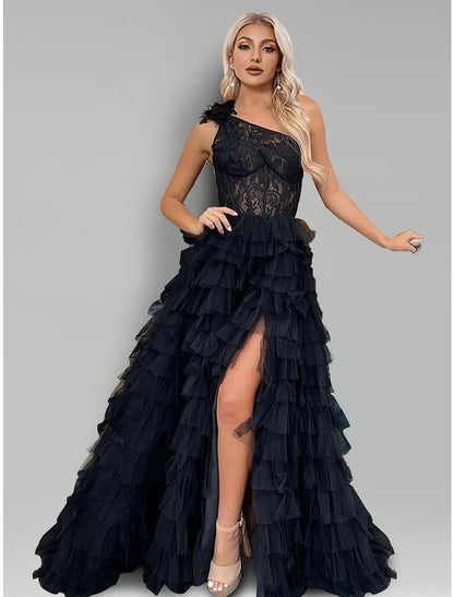 A-Line Evening Gown Floral Dress Wedding Party Sweep / Brush Train Sleeveless One Shoulder Lace with Slit Appliques by YiHuiw