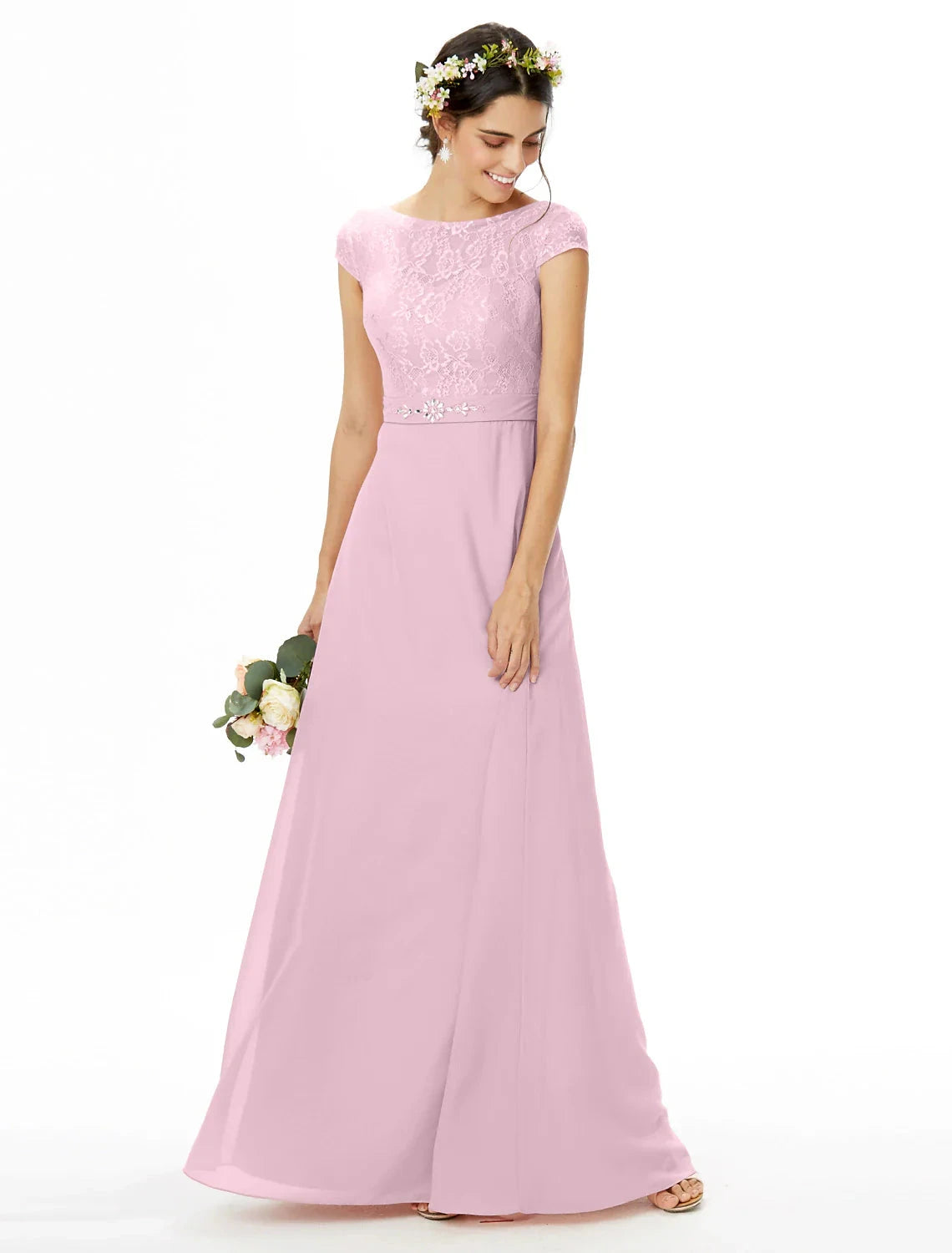 Sheath / Column Bridesmaid Dress Bateau Neck Short Sleeve Elegant Floor Length Chiffon / Lace with Lace / Sash / Ribbon / Bow(s) by YiHuiw