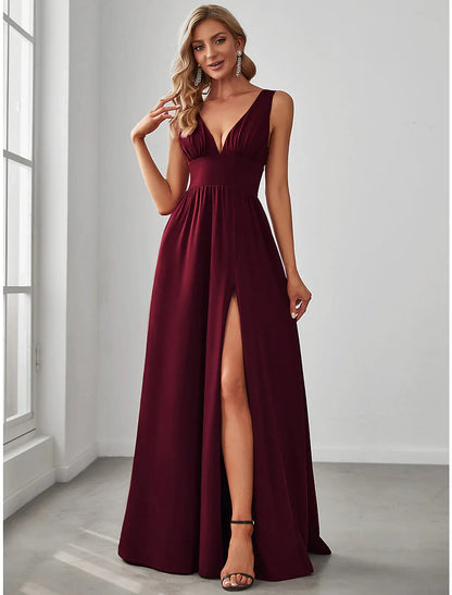 A-Line Prom Party Dress High Split Dress Wedding Guest Formal Evening Floor Length Sleeveless V Neck Bridesmaid Dress Chiffon V Back with Slit Pure Color by YiHuiw