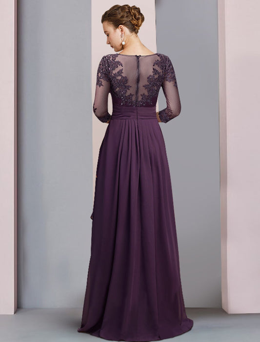 Sheath / Column Mother of the Bride Dress Formal Party Elegant Scoop Neck Asymmetrical Chiffon Lace 3/4 Length Sleeve with Pleats Sequin by YiHuiw