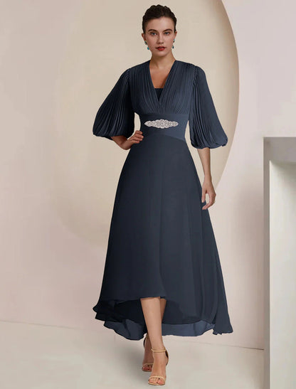 A-Line Mother of the Bride Dress Formal Wedding Guest Party Vintage Elegant V Neck Tea Length Chiffon 3/4 Length Sleeve with Pleats Crystals by YiHuiw