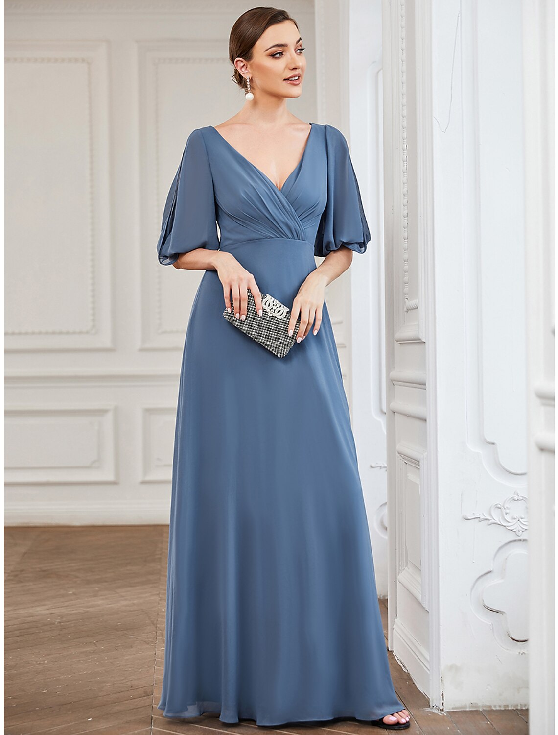 A-Line Evening Gown Minimalist Dress Wedding Guest Prom Floor Length Half Sleeve V Neck Chiffon with Pleats by YiHuiw