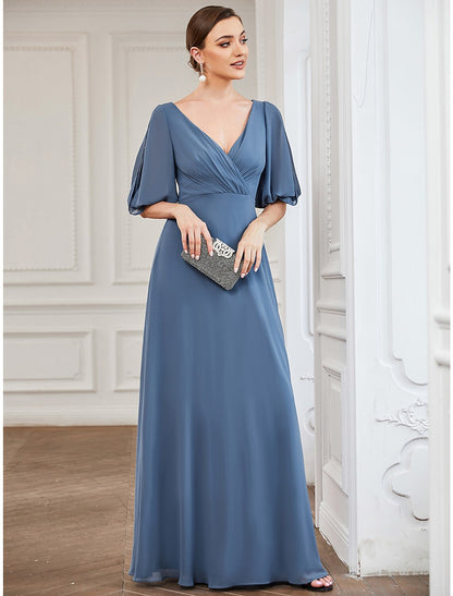 A-Line Evening Gown Minimalist Dress Wedding Guest Prom Floor Length Half Sleeve V Neck Chiffon with Pleats by YiHuiw