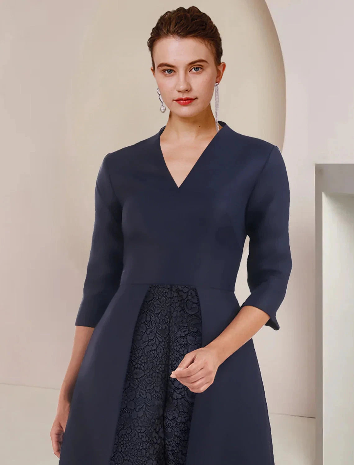 Jumpsuit / Pantsuit Mother of the Bride Dress Wedding Guest Party Elegant V Neck Tea Length Taffeta 3/4 Length Sleeve with Solid Color by YiHuiw