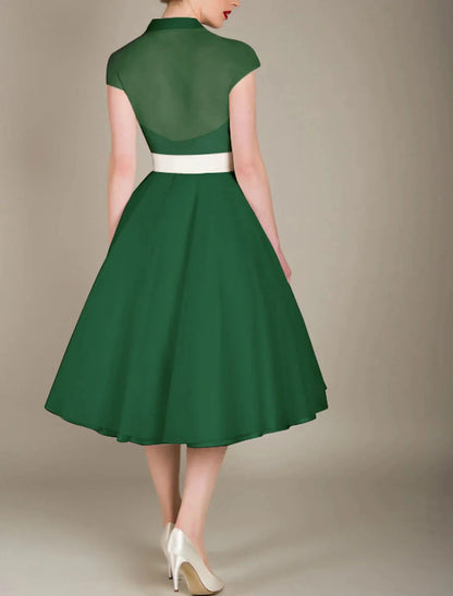 A-Line Cocktail Dresses 1950s Dress Graduation Cocktail Party Knee Length Sleeveless V Neck Wednesday Addams Family Tulle with Sash / Ribbon by YiHuiw