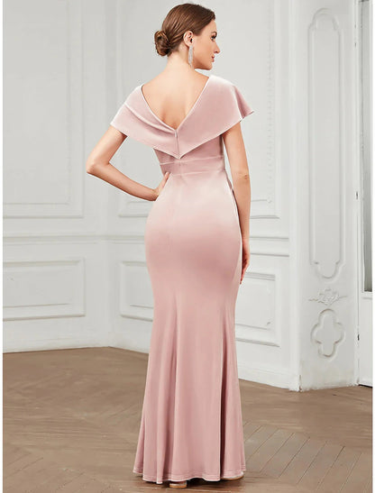 Mermaid / Trumpet Evening Gown Vintage Dress Christmas Floor Length Short Sleeve V Neck Velvet V Back with Ruffles by YiHuiw