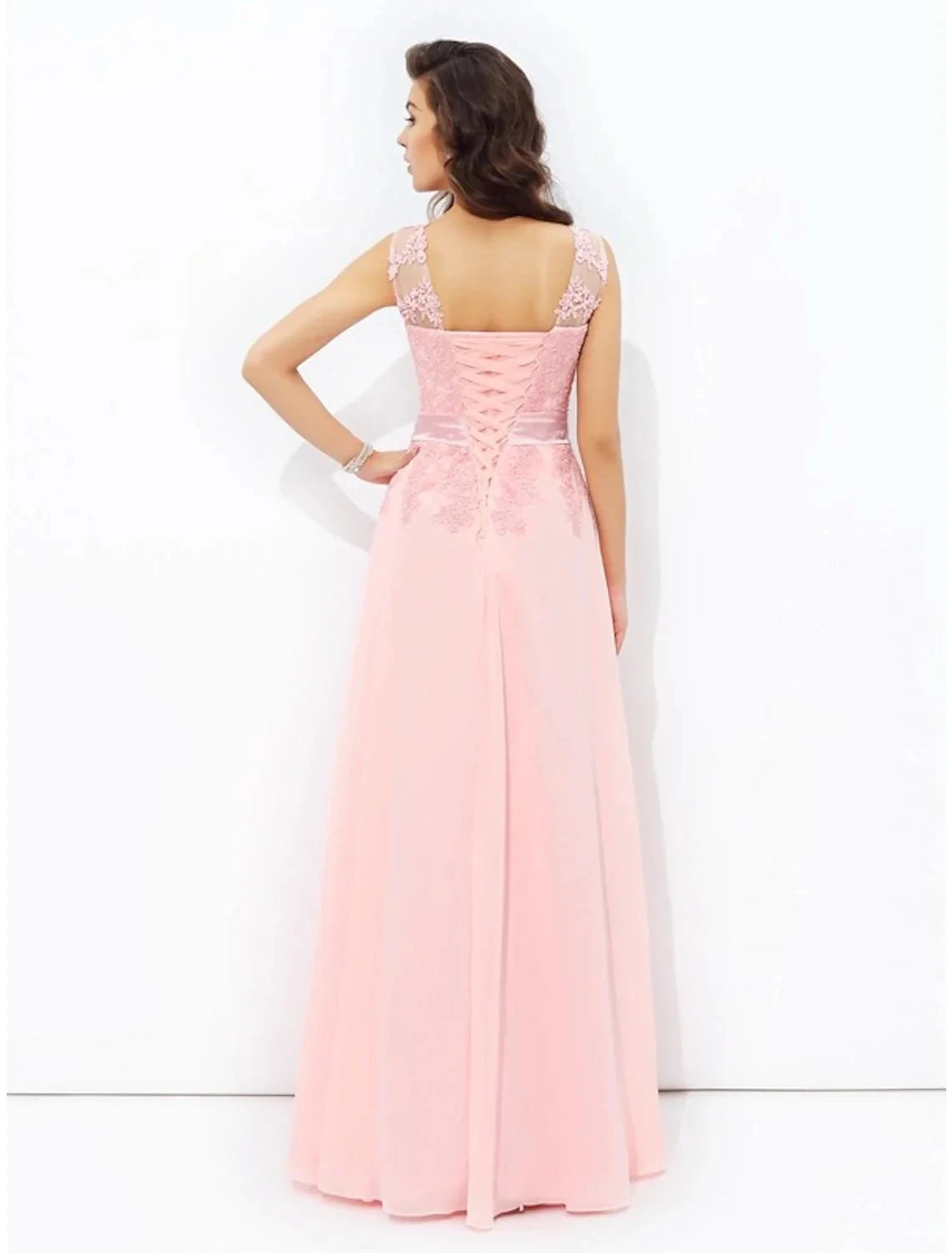 A-Line Prom Dresses Sparkle & Shine Dress Formal Wedding Guest Floor Length Sleeveless Jewel Neck Chiffon with Appliques by YiHuiw
