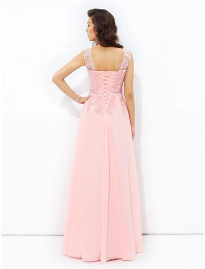 A-Line Prom Dresses Sparkle & Shine Dress Formal Wedding Guest Floor Length Sleeveless Jewel Neck Chiffon with Appliques by YiHuiw