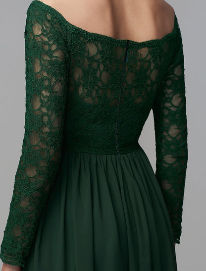 A-Line Bridesmaid Dress Off Shoulder Long Sleeve Elegant Floor Length Chiffon / Lace with Lace by YiHuiw