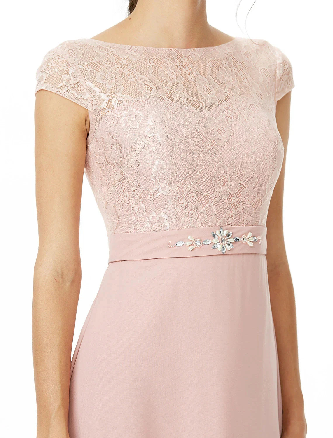 Sheath / Column Bridesmaid Dress Bateau Neck Short Sleeve Elegant Floor Length Chiffon / Lace with Lace / Sash / Ribbon / Bow(s) by YiHuiw
